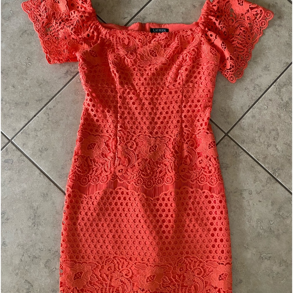 Ralph Lauren size 10 lace dress, off the shoulder, flat front, rich coral!